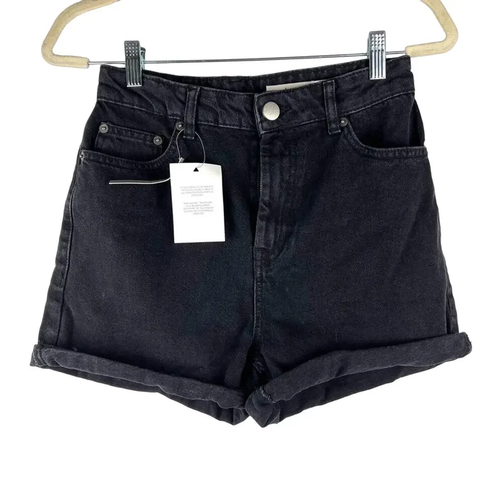 NEW ASOS High-Waisted Denim Mom Shorts Washed Black 4 Small